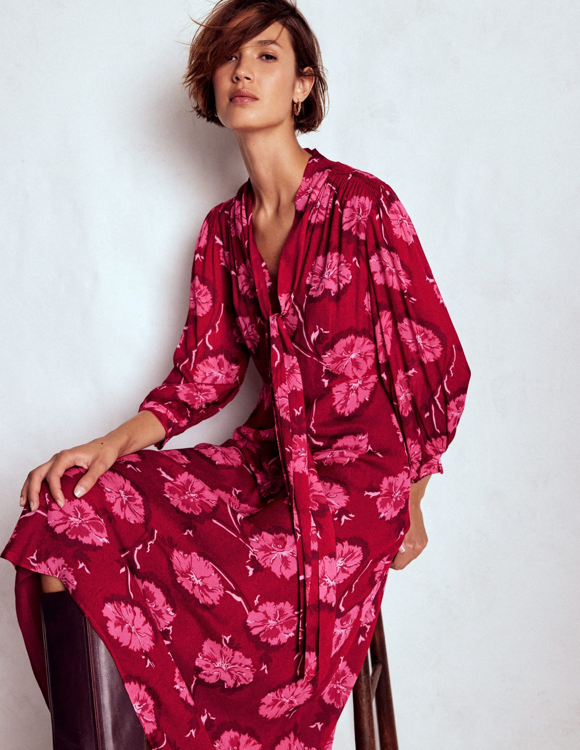 Brooke Tie Neck Tea Dress-Cranberry Red. Delicate Vine