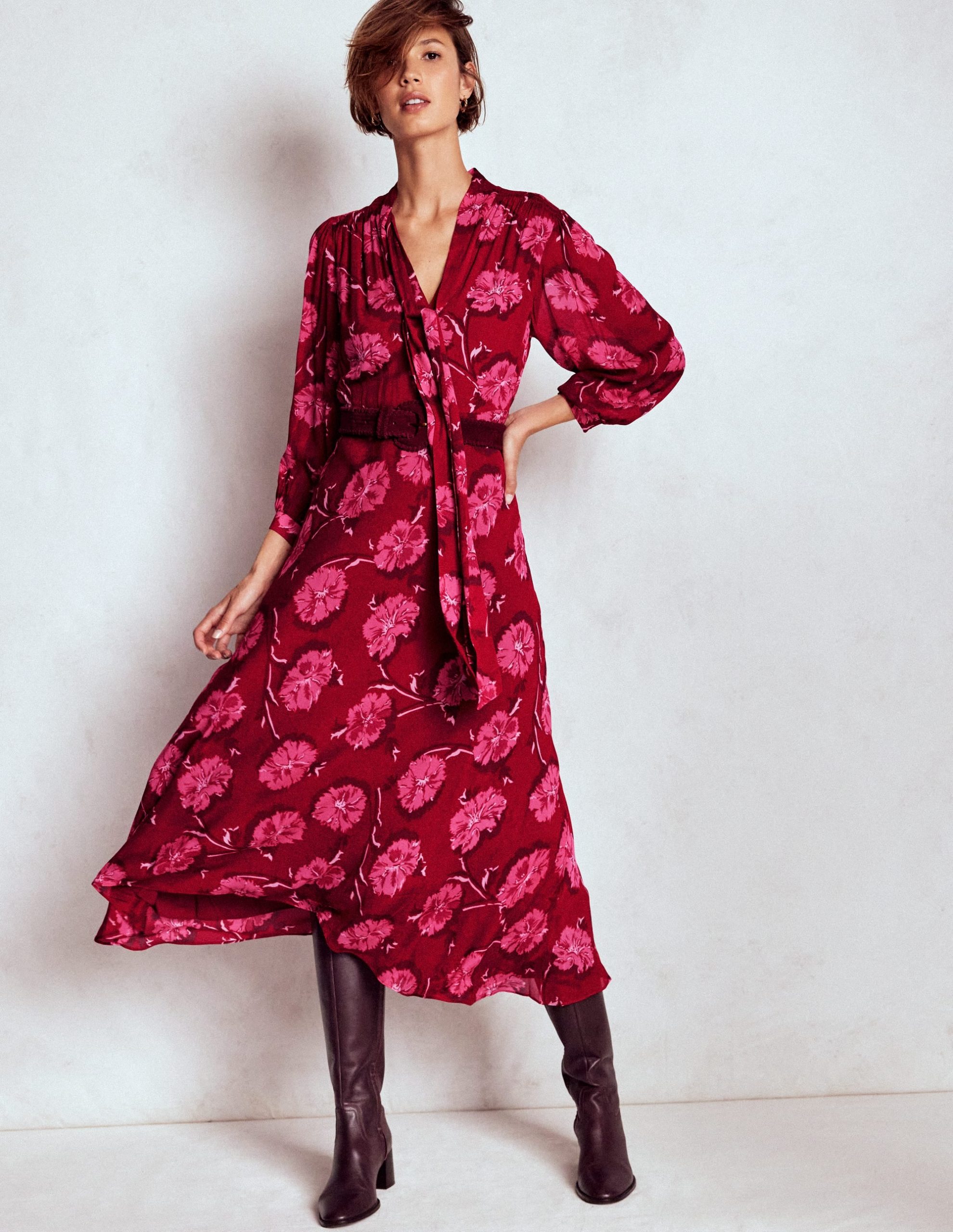 Brooke Tie Neck Tea Dress-Cranberry Red. Delicate Vine - Image 4