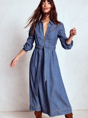 Adelaide Zip Denim Midi Dress-Mid Vintage Denim