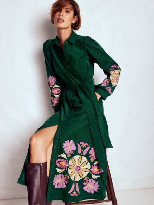 Clara Cord Midi Dress-Emerald Night. Embroidery