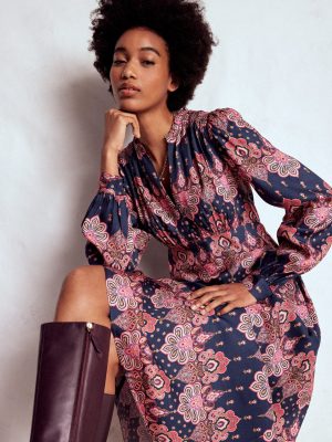 Cassie Smocked Tea Dress-Navy. Embellished Paisley
