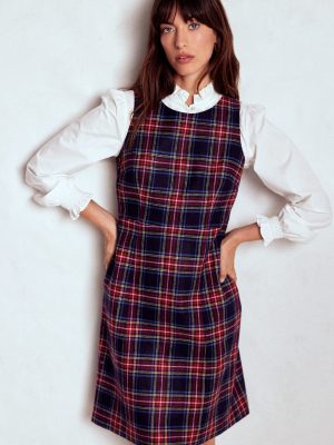 Annie Check Shift Dress-Navy. Green and Red Check