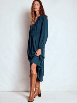 Maddie Picot Trim Midi Dress-Midnight Teal