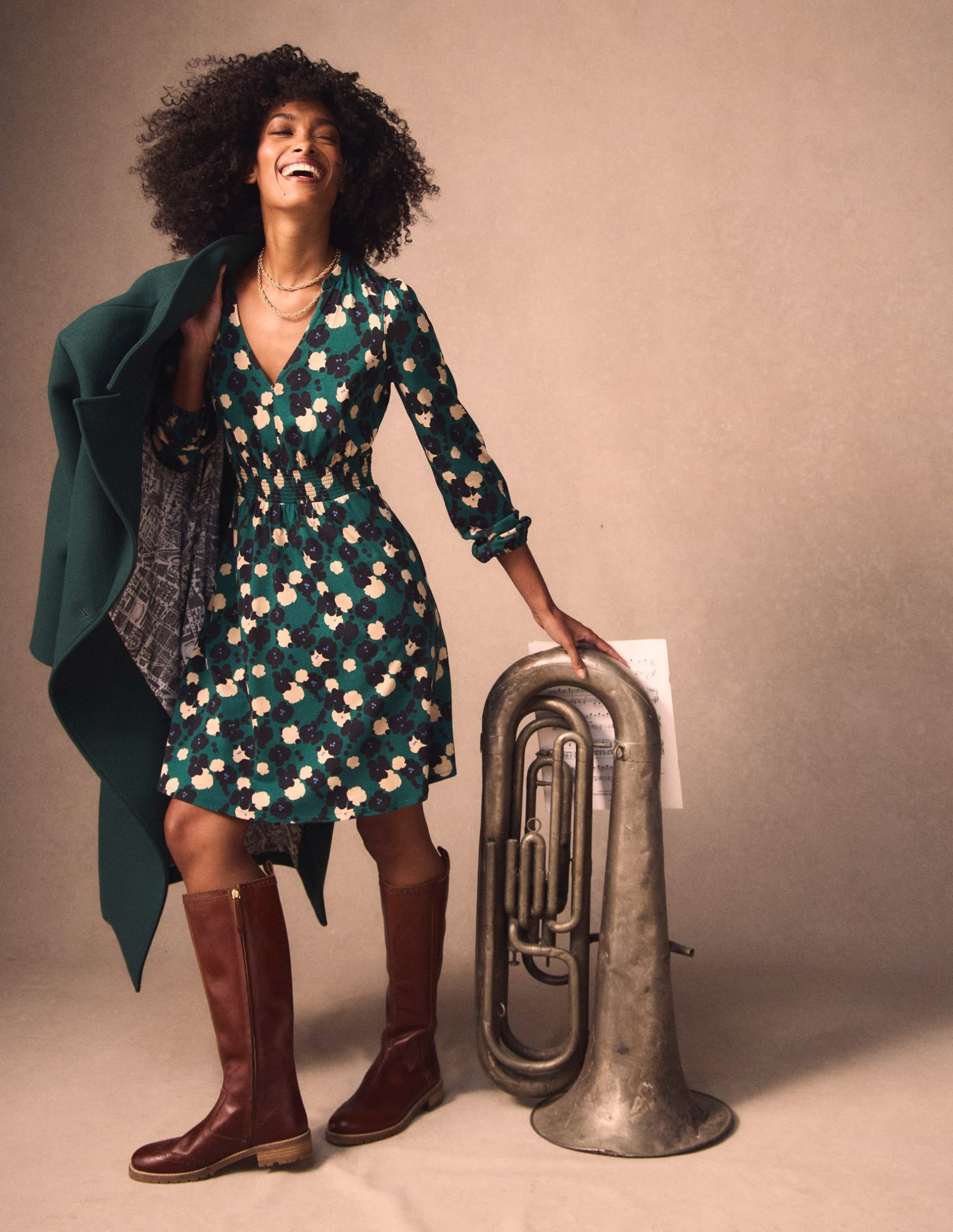 Sarah Short Jersey Dress-Emerald Night. Garden Blossom