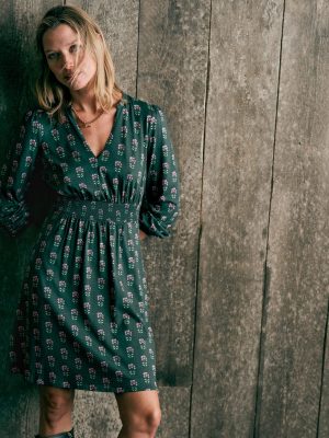 Sarah Short Jersey Dress-Winter Moss. Woodblock Floral
