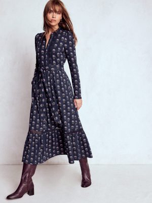 Edwina Jersey Shirt Dress-French Navy. Woodblock Flower