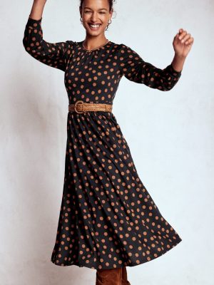 Alexandra Jersey Midi Dress-Black. Tortoise Shell Dot