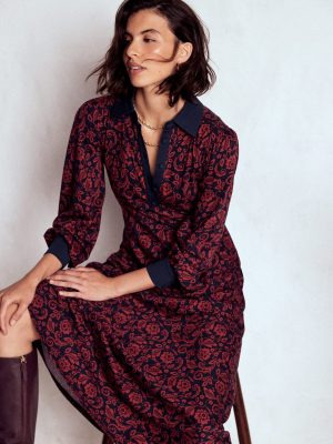 Empire Waistline Shirt Dress-Red. Ornate Flora