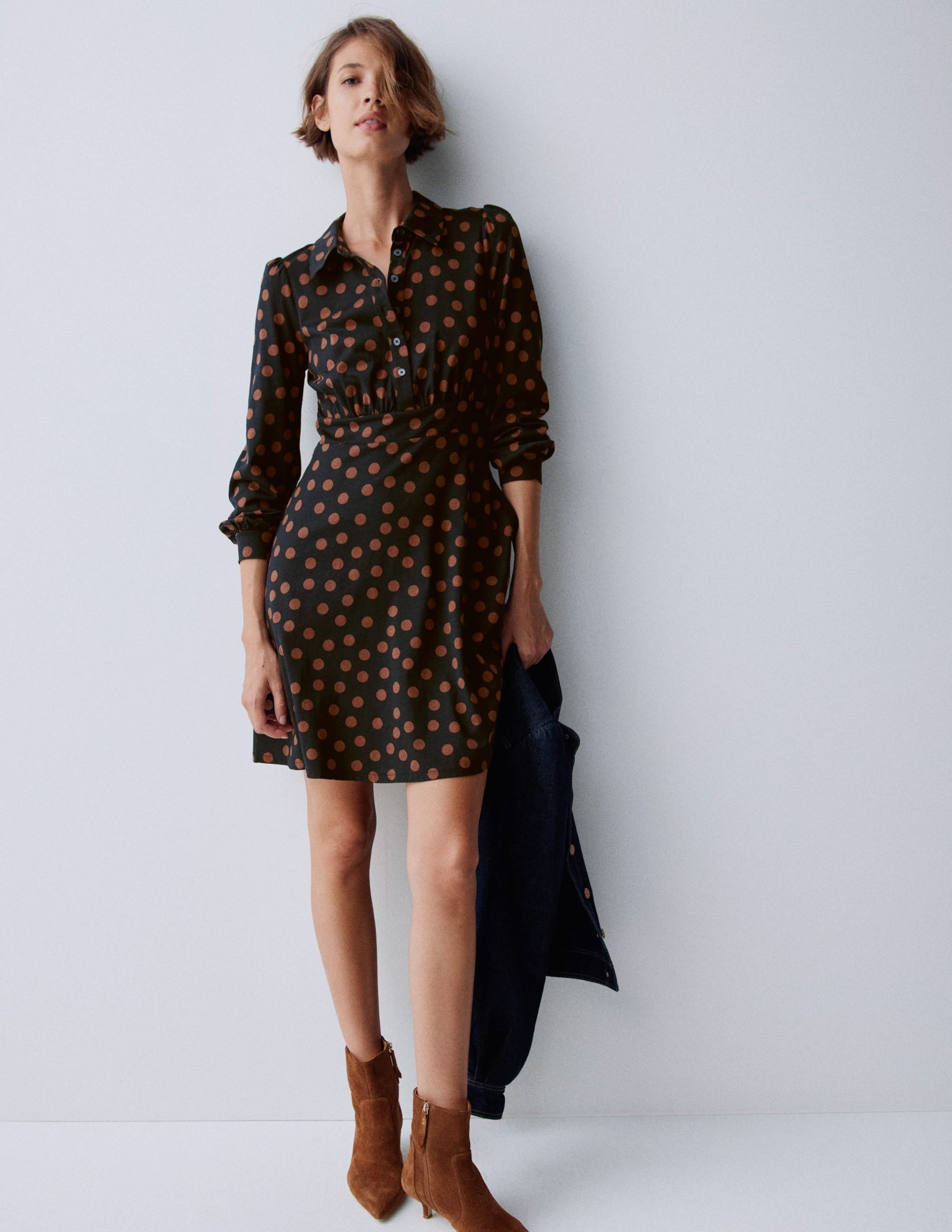 Orla Short Jersey Shirt Dress-Russet. Painted Dot