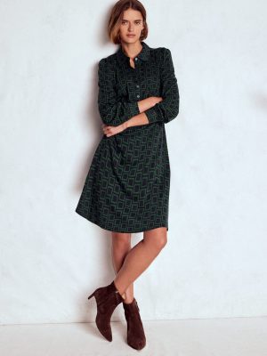 Orla Short Jersey Shirt Dress-Dark Green. Square Geometric