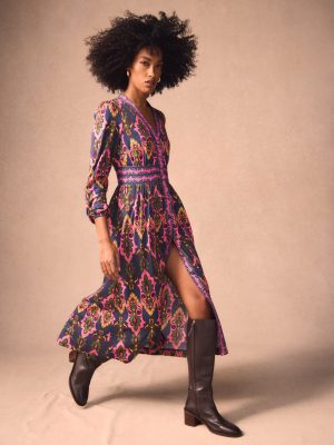 Natalia Long Sleeve Tea Dress-French Navy. Ornate Charm