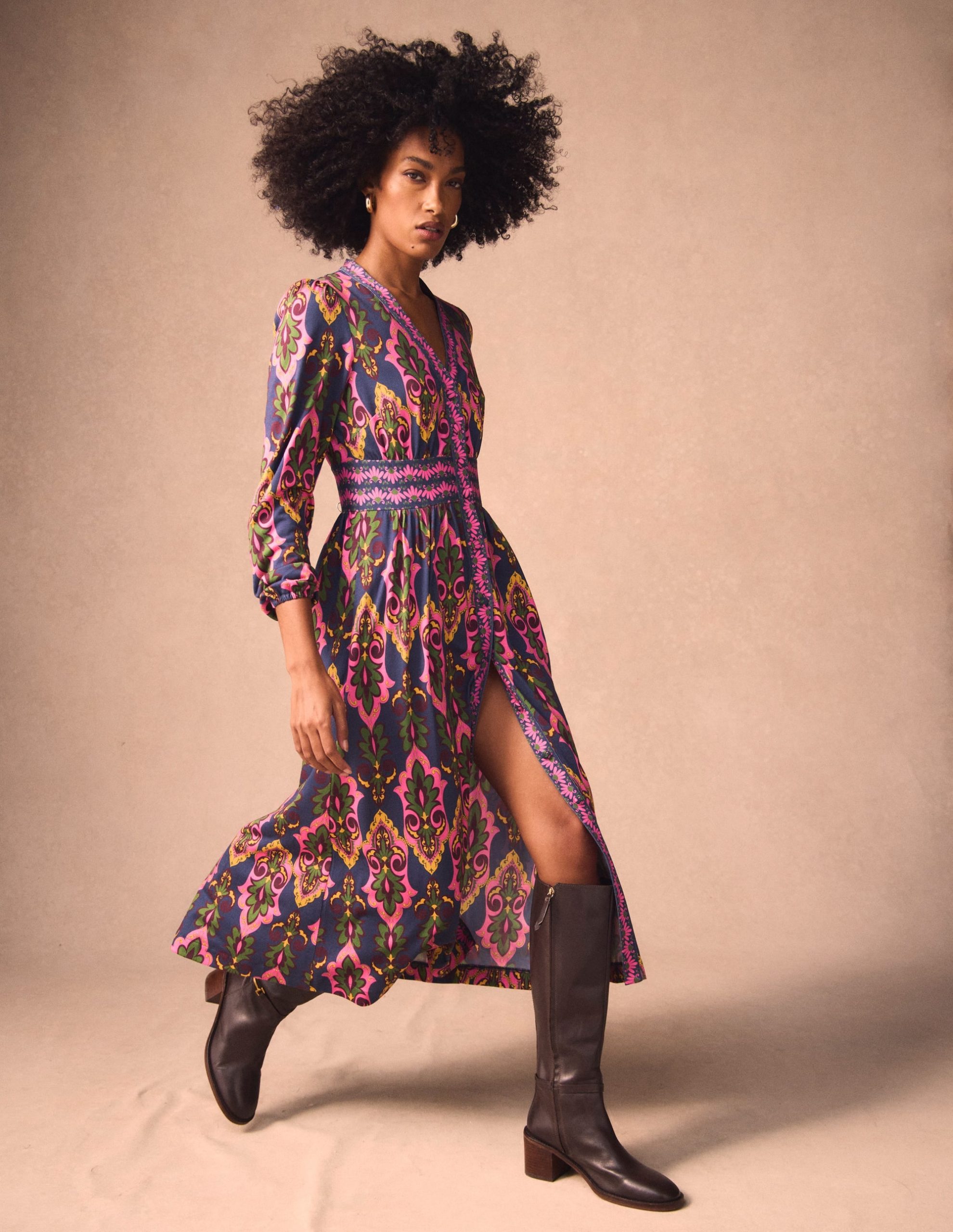 Natalia Long Sleeve Tea Dress-French Navy. Ornate Charm