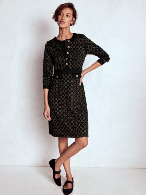 Lavinia Button Shift Dress-Black/Camel Jacquard