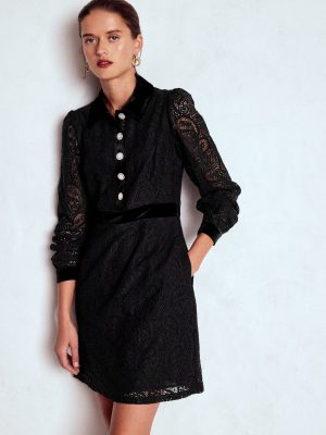 Collar Button Lace Dress-Black