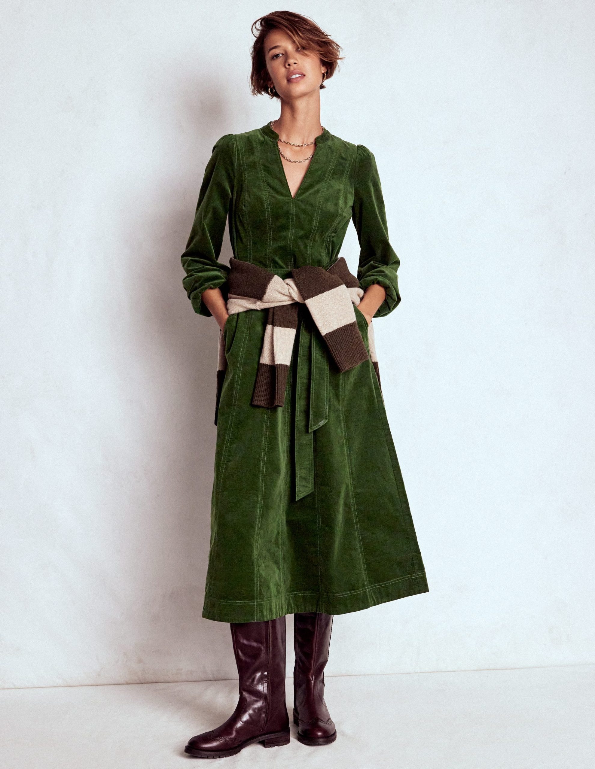 Ros Panelled Cord Midi Dress-Green Fir - Image 6