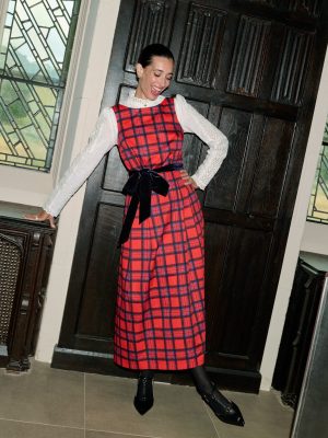 Scoop Back Check Dress-Red. Navy and Purple Check