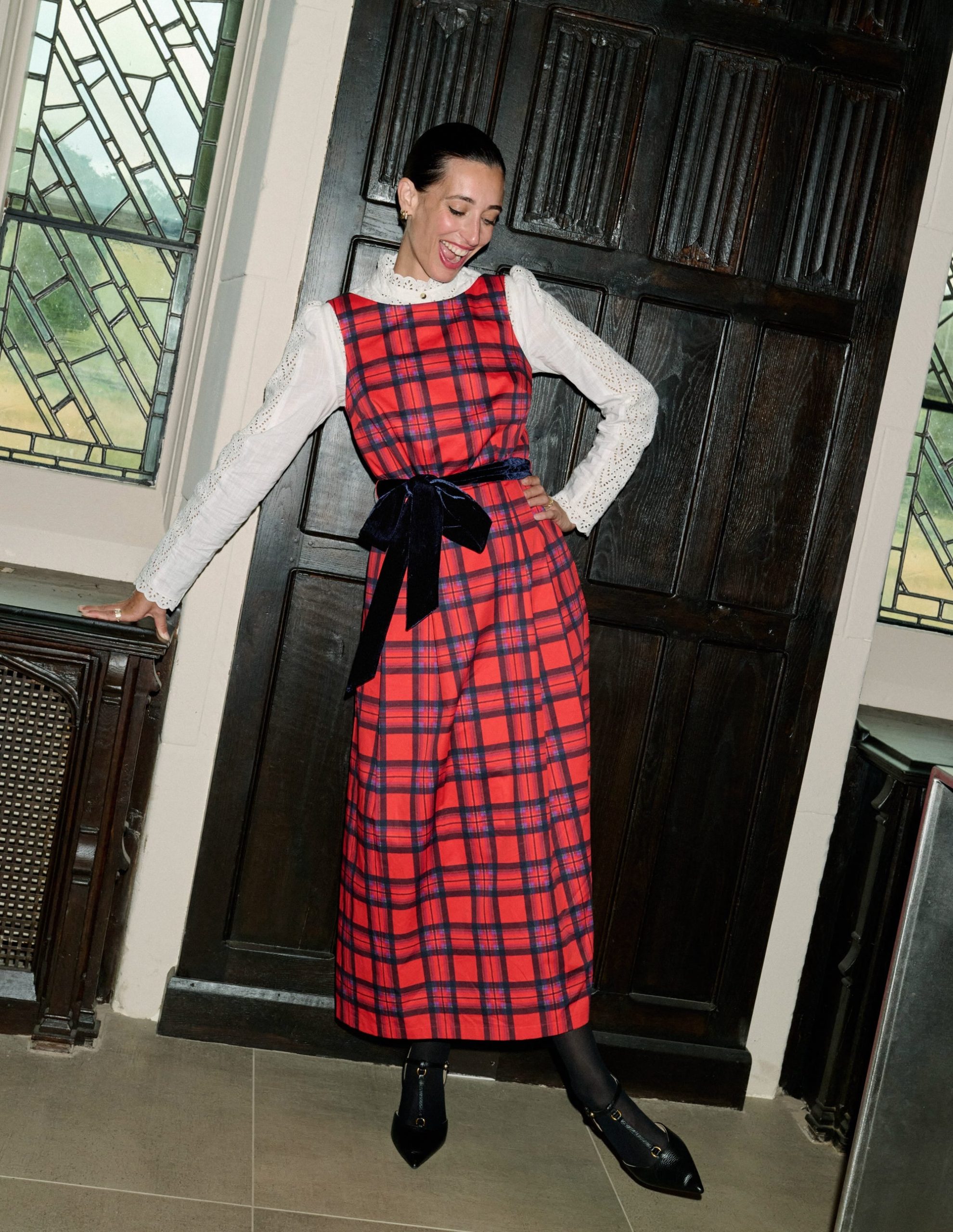 Scoop Back Check Dress-Red. Navy and Purple Check