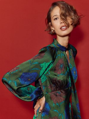 Tie Neck Satin Midi Dress-Green Fir. Peony Bloom