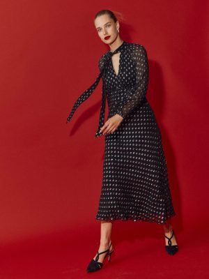 Tie Neck Midi Dress-Black and Silver Clip