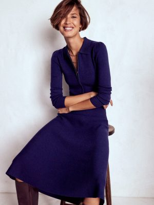 Fiona Zip Front Knitted Dress-Navy