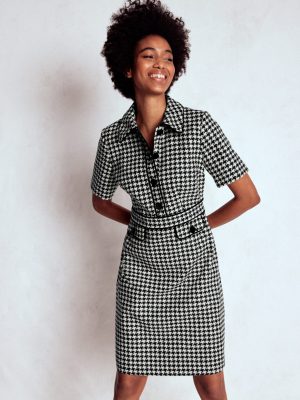 Eda Wool Shift Dress-Black Dogstooth