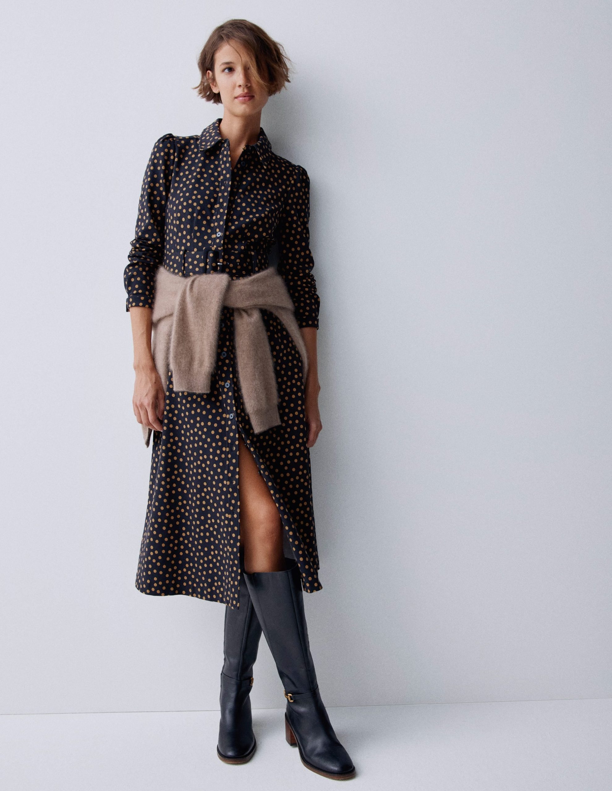 Anita Long Sleeve Shirt Dress-Black. Painted Dot