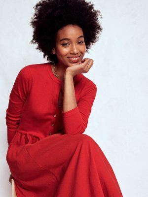 Button Detail Mix Dress-Crimson Red