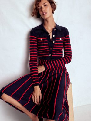 Br?nte Knitted Rib Shirt Dress-Navy and Red Stripe