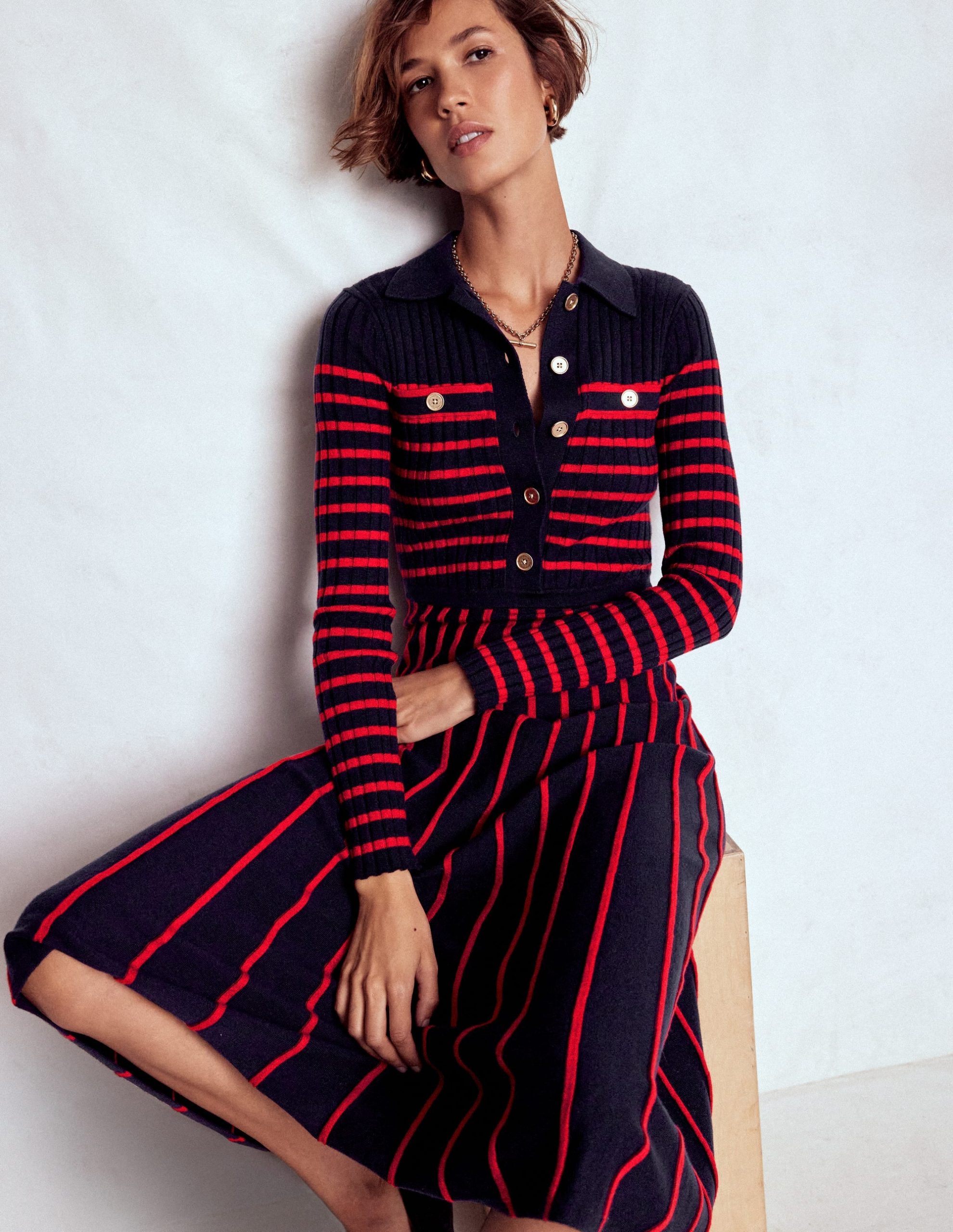 Br?nte Knitted Rib Shirt Dress-Navy and Red Stripe