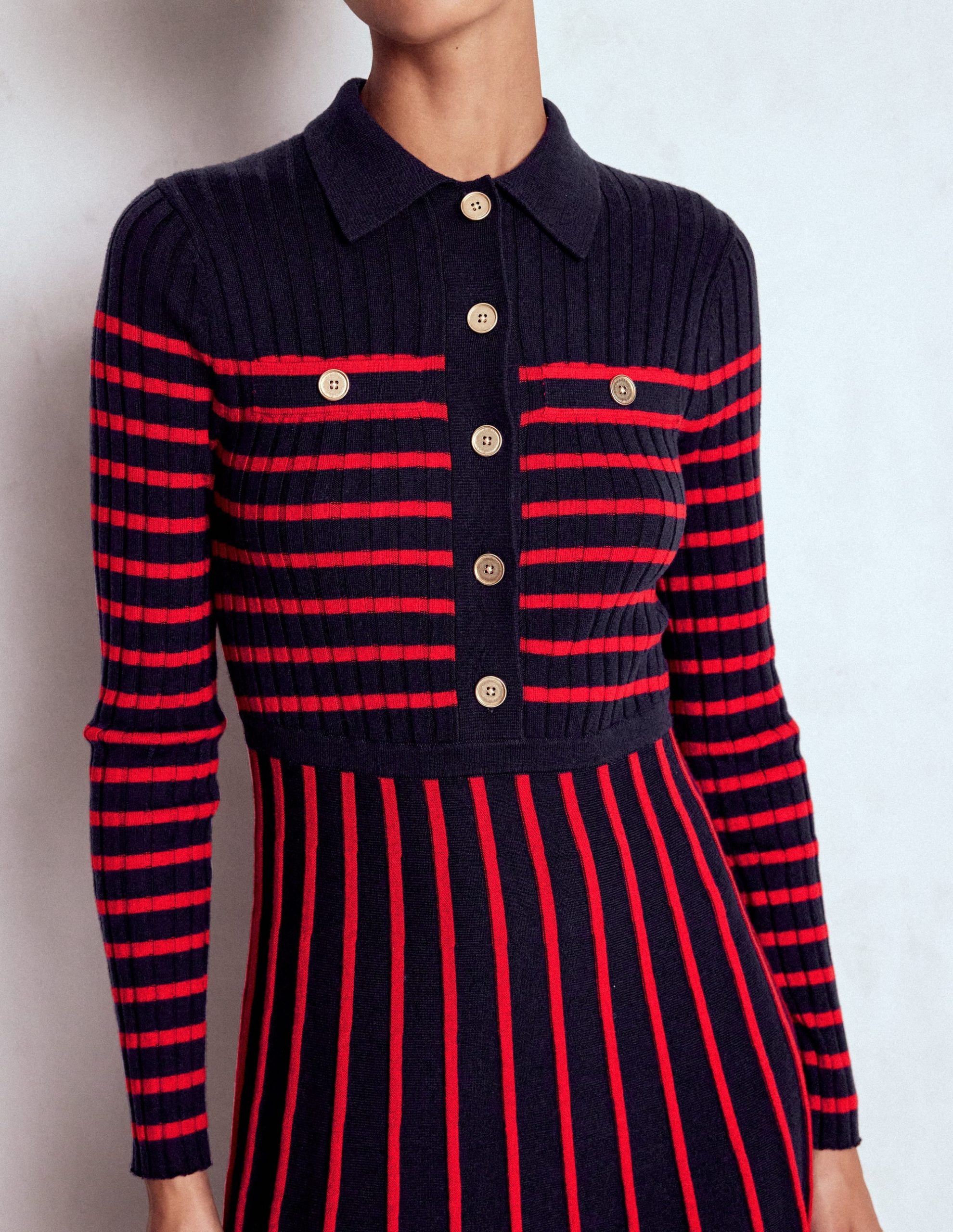 Br?nte Knitted Rib Shirt Dress-Navy and Red Stripe - Image 2