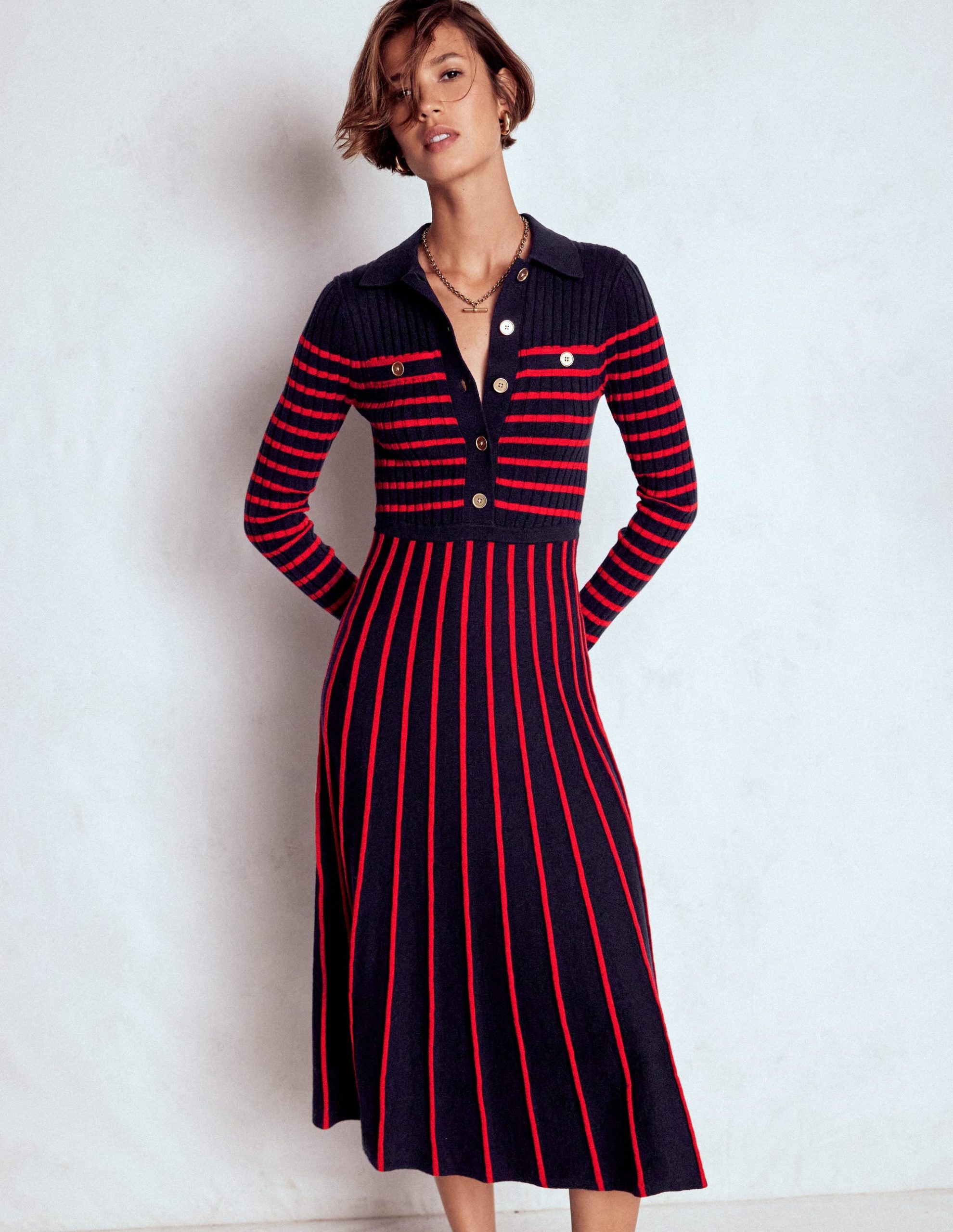 Br?nte Knitted Rib Shirt Dress-Navy and Red Stripe - Image 4