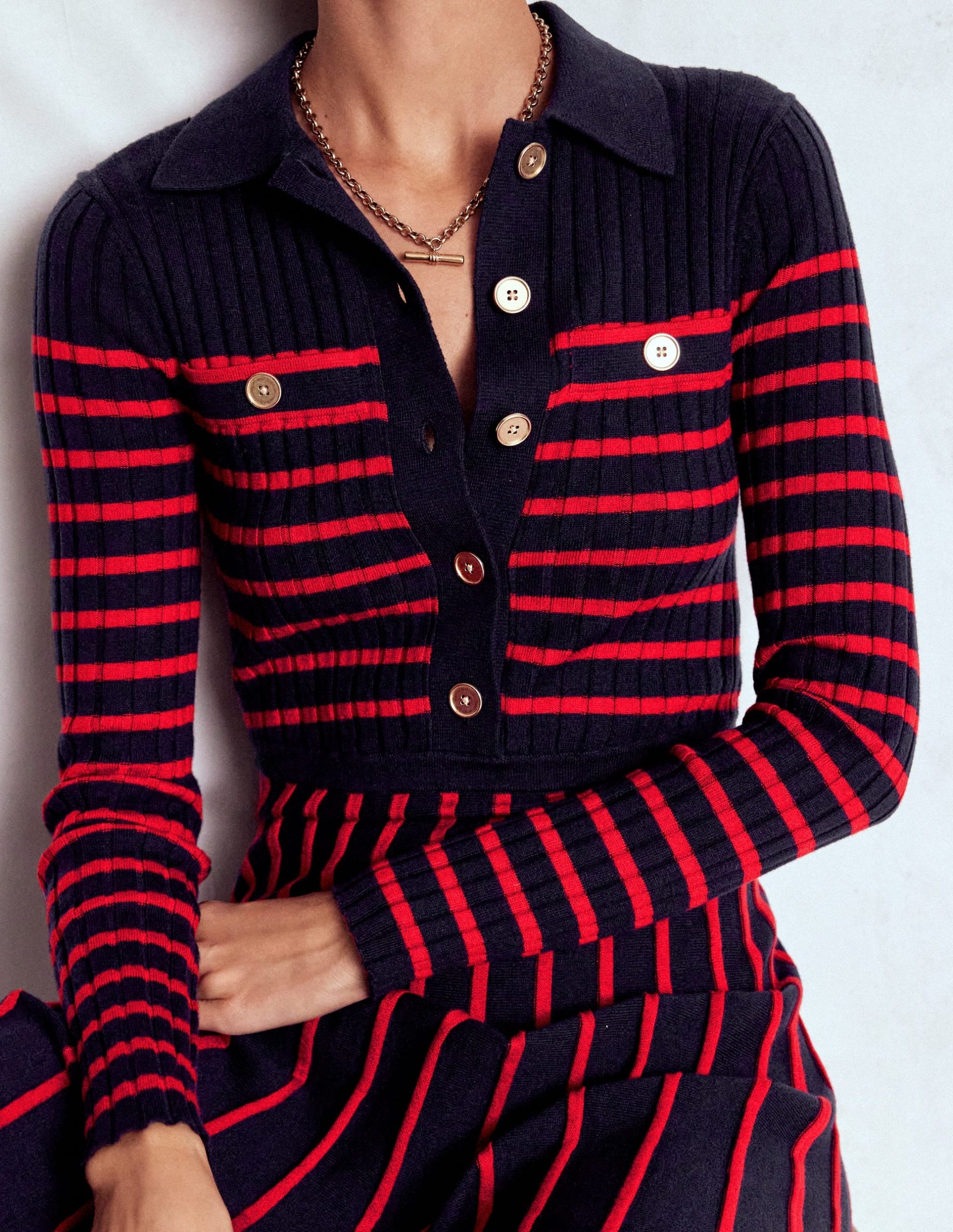 Br?nte Knitted Rib Shirt Dress-Navy and Red Stripe - Image 5