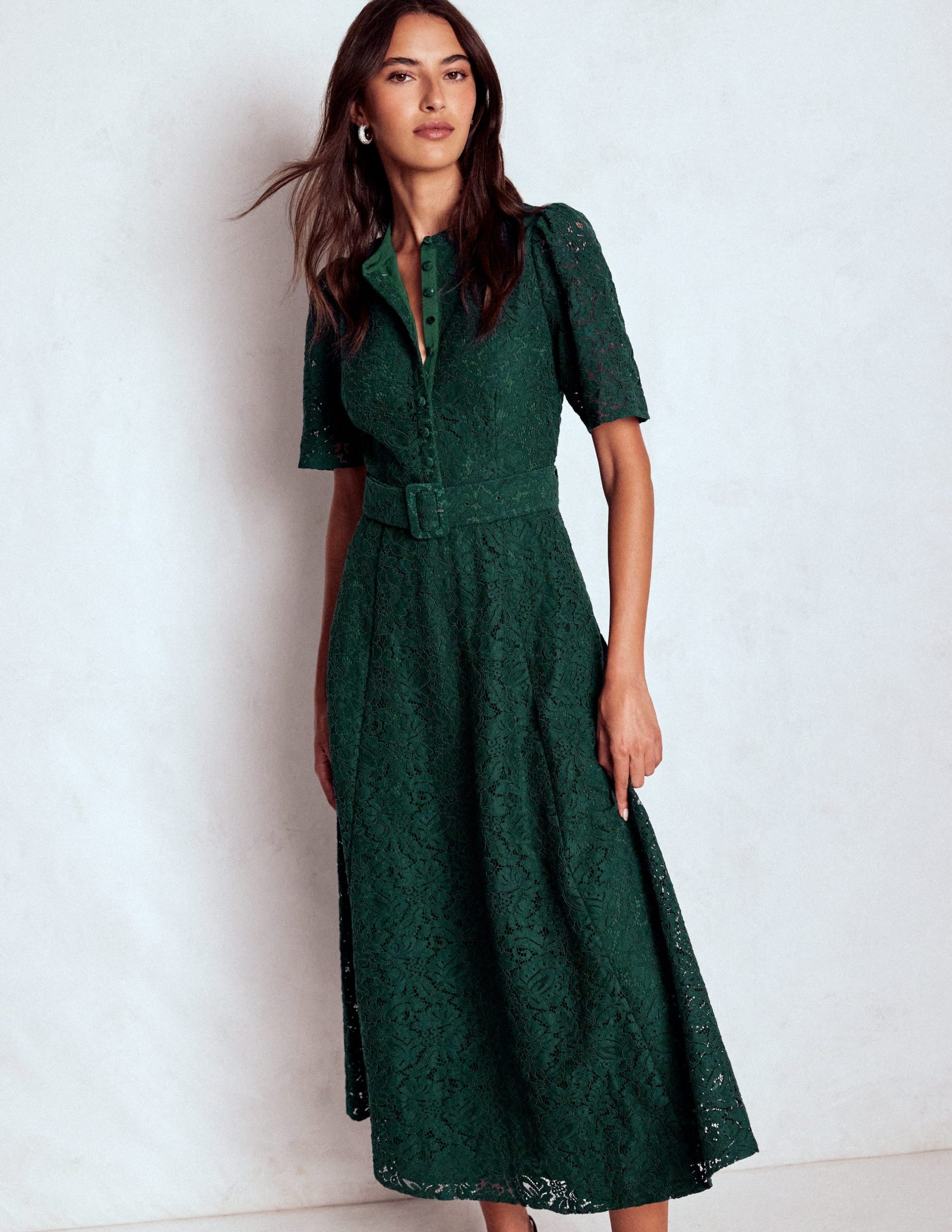 Kate Puff Sleeve Lace Dress-Dark Green - Image 2