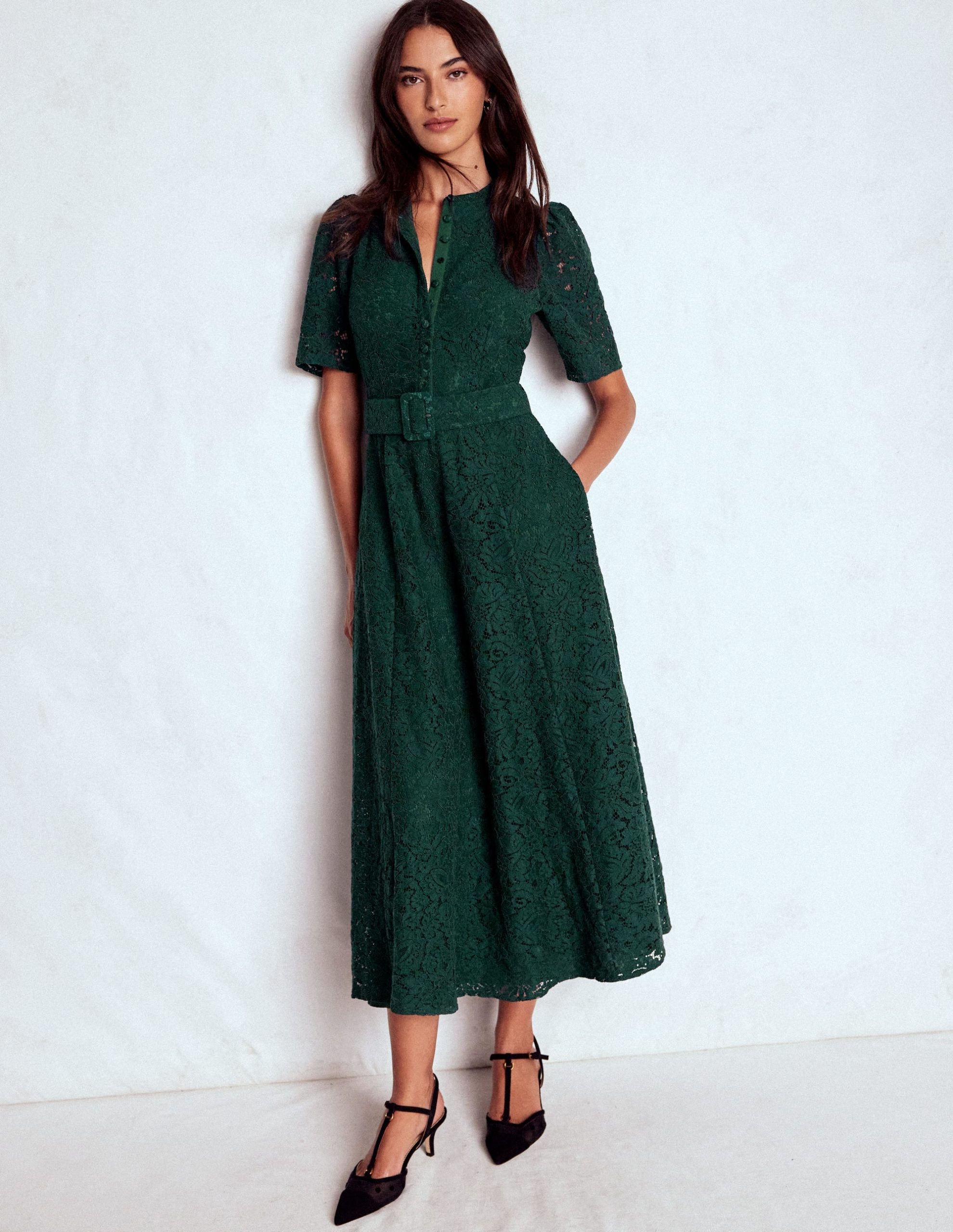 Kate Puff Sleeve Lace Dress-Dark Green - Image 5