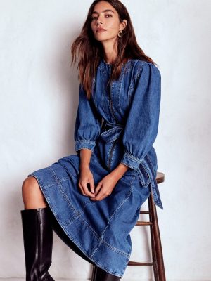 Zip Puff Sleeve Denim Dress-Dark Wash
