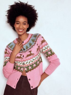 Edie Fair Isle Cardigan-Pink. Reindeer
