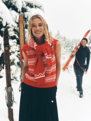 Edie Fair Isle Vest-Poppy Red. Warm Ivory