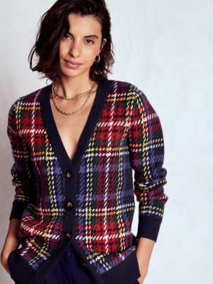 Quinn Boyfriend Cardigan-Navy. Green and Red Check