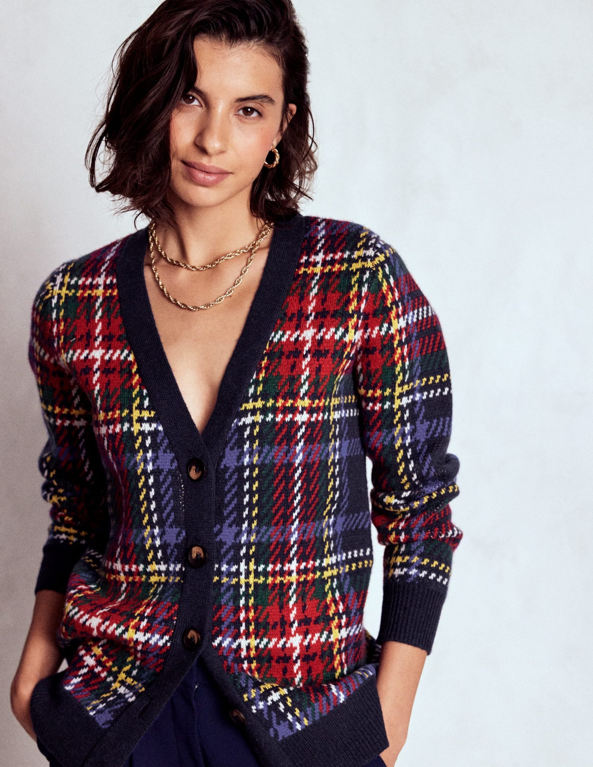 Quinn Boyfriend Cardigan-Navy. Green and Red Check