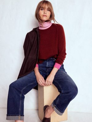 Eva Cashmere Roll Neck Jumper-Chestnut. Colour Block