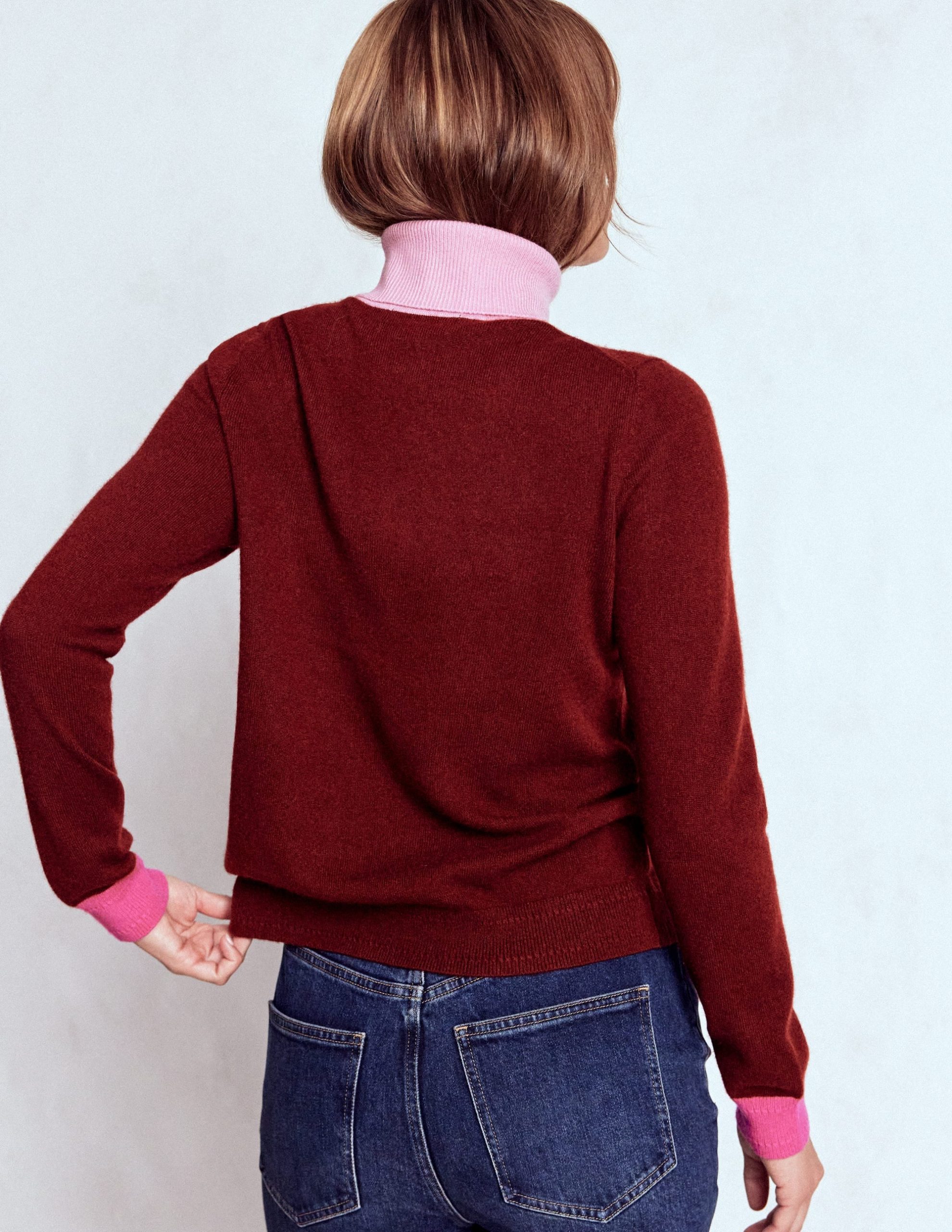 Eva Cashmere Roll Neck Sweater-Chestnut. Colour Block - Image 3