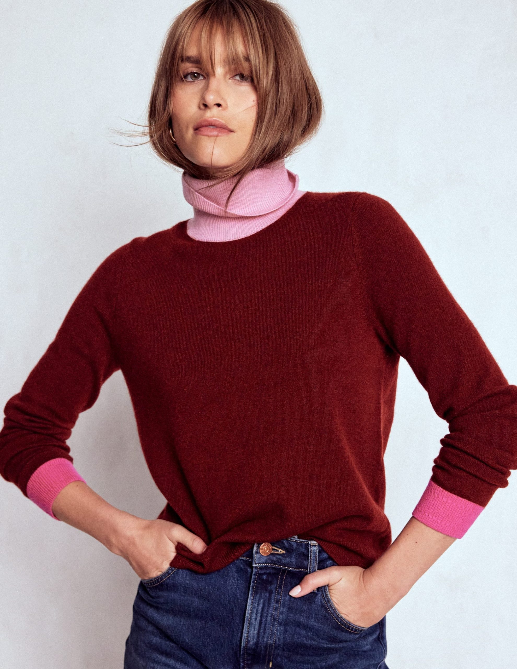 Eva Cashmere Roll Neck Sweater-Chestnut. Colour Block - Image 4