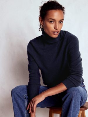 Eva Cashmere Roll Neck Jumper-Navy