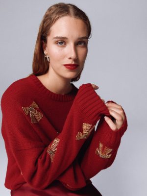 Natalie Embroidered Sweater-Red. Embellished Bows