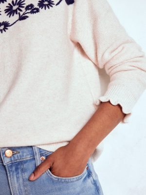 Embroidered Frill Sweater-Warm Ivory