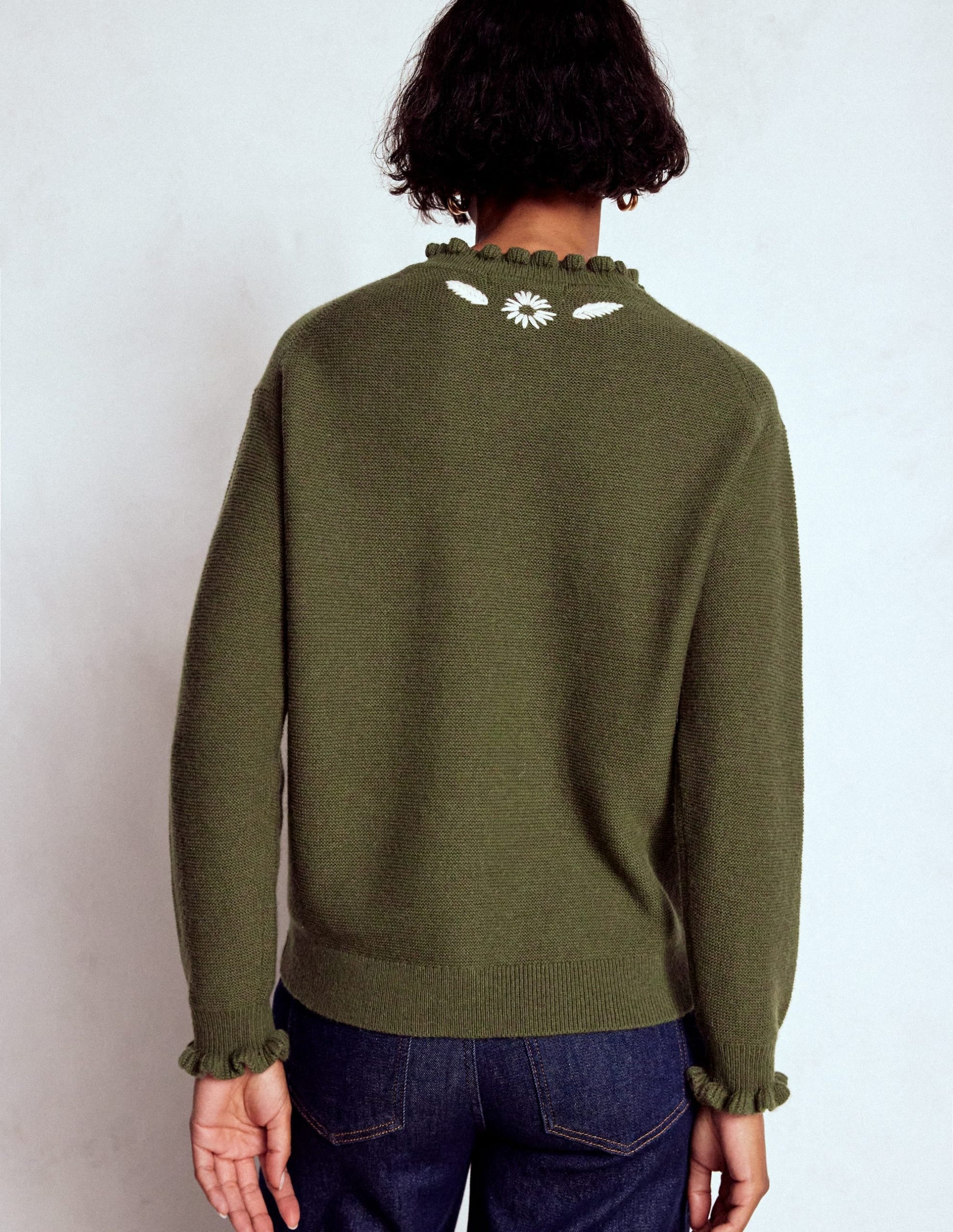 Embroidered Frill Jumper-Woodland Green Melange - Image 3