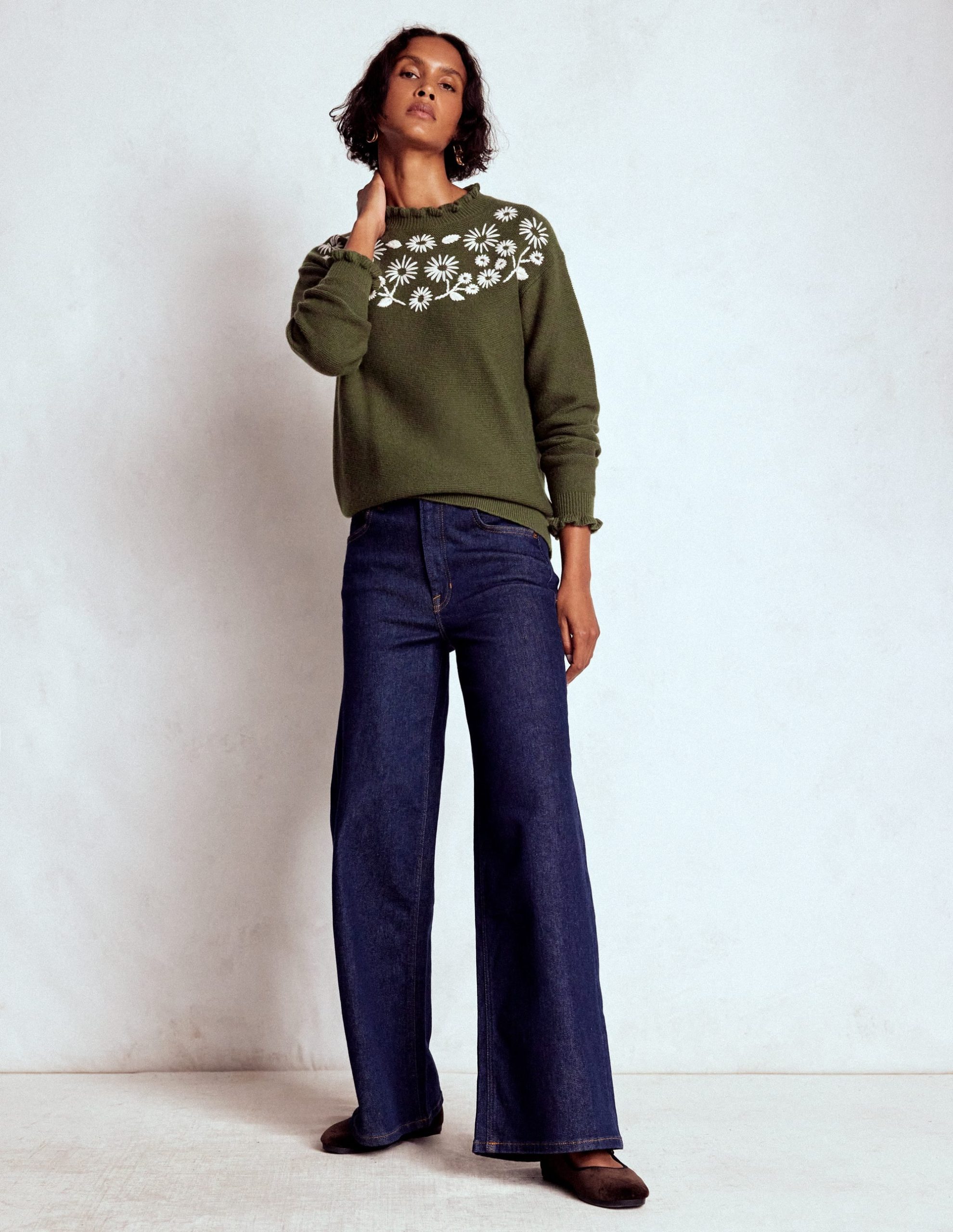 Embroidered Frill Jumper-Woodland Green Melange - Image 4