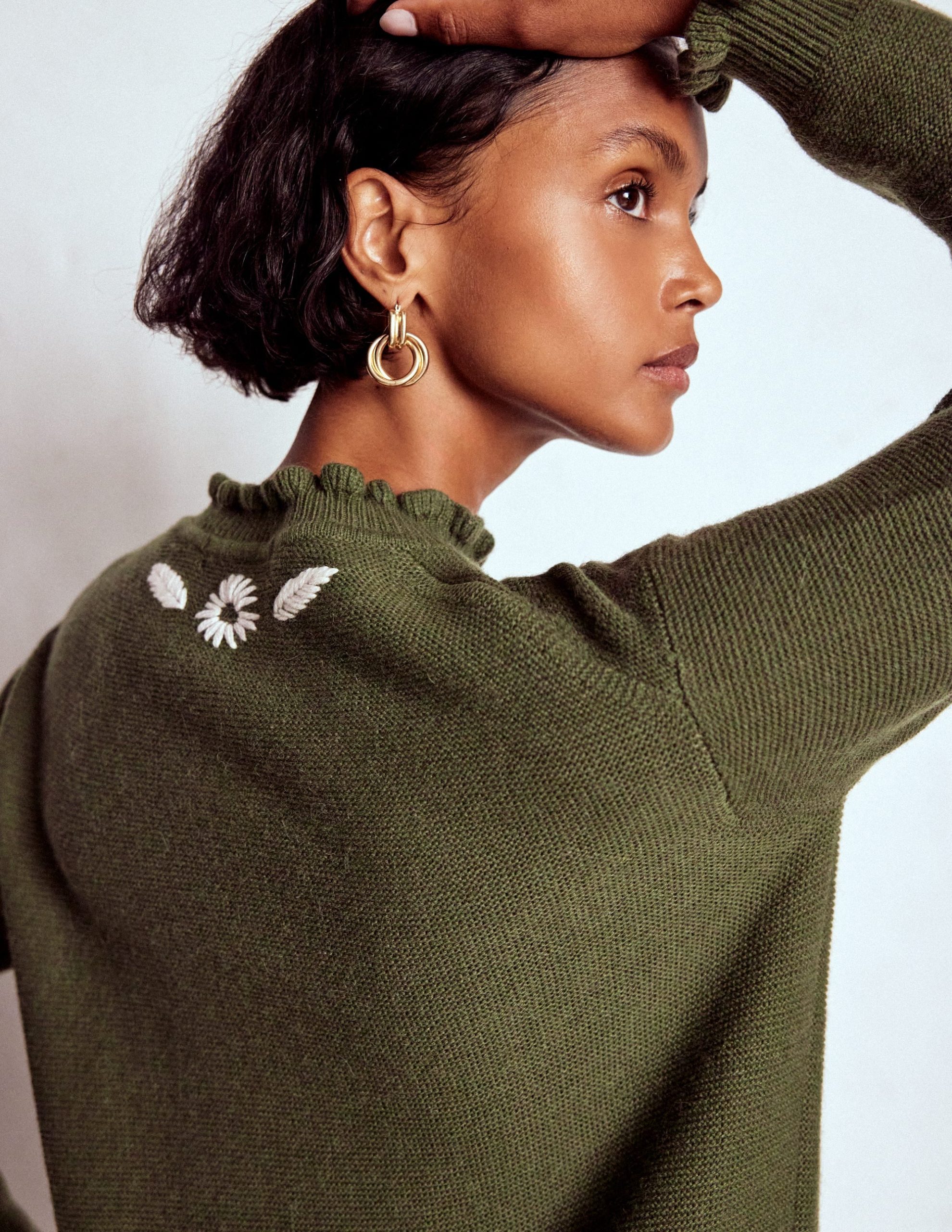 Embroidered Frill Jumper-Woodland Green Melange - Image 5