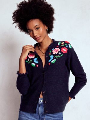 Embroidered Frill Cardigan-Navy