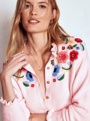 Embroidered Frill Cardigan-Blooming Pink